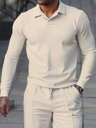Manfinity CasualCool Herr enfärgad långärmad casual pikétröja för daglig pendling, höst casual herr pikétröja krämbeige herr, för hösten
