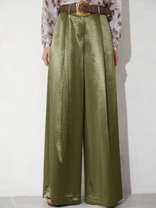 Aveloria Modichic 女士优雅宽松飘逸长裤，配皮带，修饰腿部线条，适合通勤 - 綠色 - 查看 7