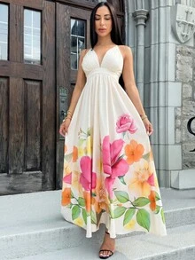 Carolina Barros 女式花卉印花深V领露背连衣裙，适合夏季度假和海滩穿着 - 米色 - 查看 6
