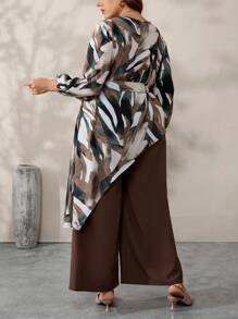 EMERY ROSE Plus Size Asymmetrical Print Shirt And Pants 2 Pieces Set