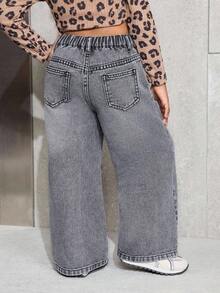 SHEIN 年轻女孩 Y2K 休闲日常水洗宽松牛仔裤，街头风，冬季，休闲时尚度假秋季装扮 - 灰色 - 查看 4