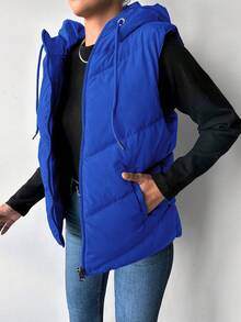 EURMUSE Drawstring Hooded Women's Padded Vest - Blue - View 5