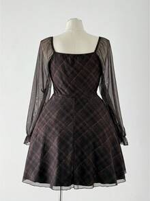 Sunspun Váy cổ vuông tay dài họa tiết kẻ caro Pháp, mùa thu - Nhiều màu - Xem 2