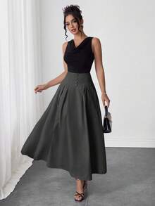 Modelyn Women's Elegent Office High Waist Solid Color Decorative Button Pleated A-Line Skirt,Autumn Grey Dark Green Olive Green Elegant Skirts - Dark Grey - View 6
