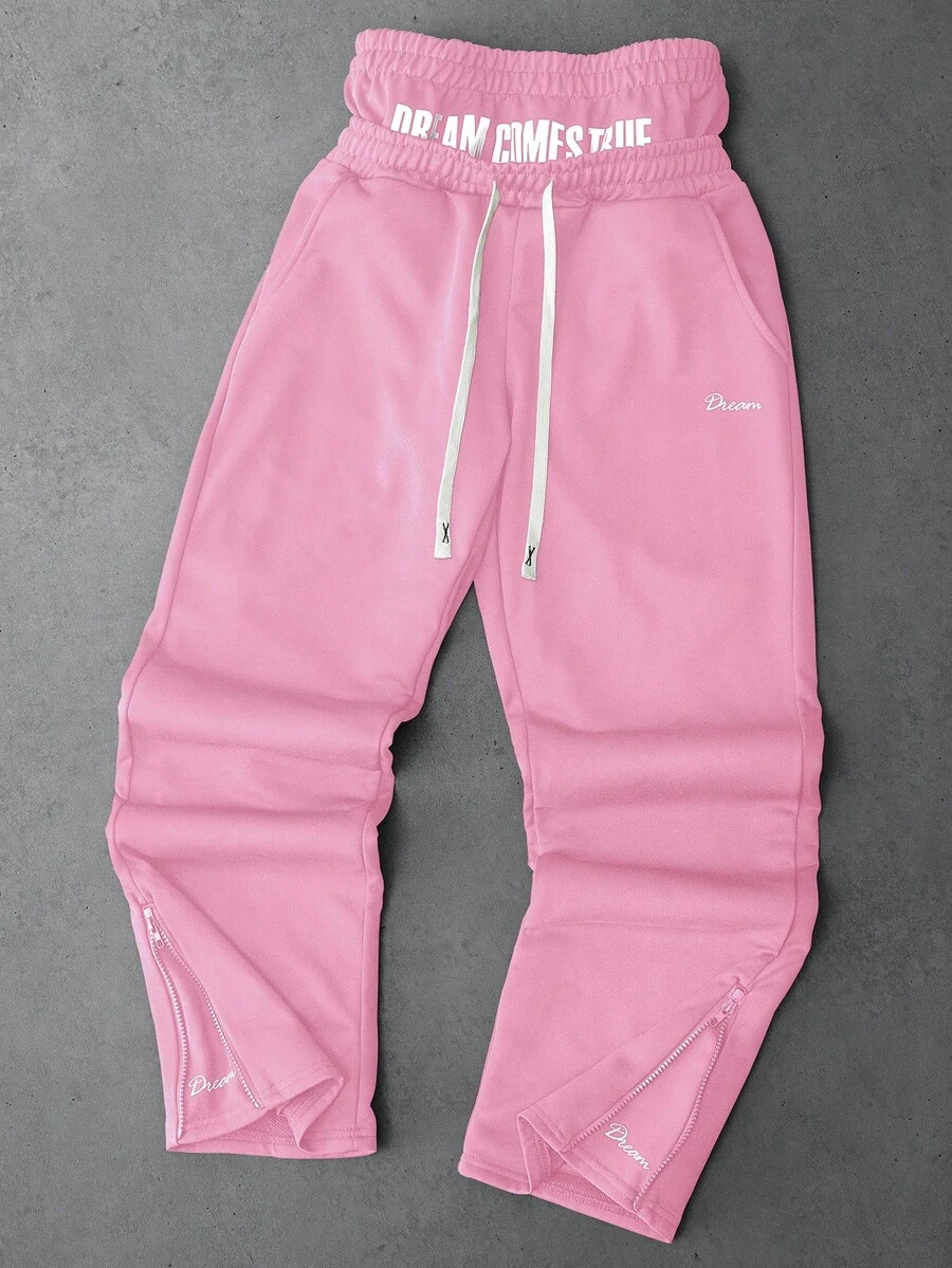 PAVTROS 男士字母印花二合一下摆拉链街头时尚运动裤 - 粉色 - 查看 1