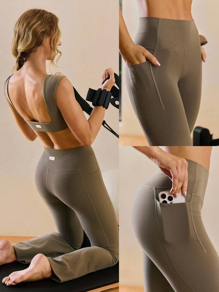 Legginsy FeatherFit™ z prążkowanymi nogawkami i ultrawysokim stanem, bez szwów z przodu, 31 cali, z kieszeniami bocznymi, do jogi i pilatesu o niskim wpływie, codzienne, codzienne ubranie