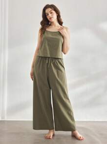 Ocili 100% 纯棉极简主义宽松睡衣套装 - 细肩带上衣和阔腿裤，加大码