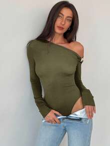 Aloruh Black Sophisticated Modern One Shoulder Long Sleeve Twist Metal Decor Bodysuit For Women,Fall - Army Green - View 3
