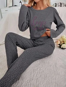 EURMUSE Plus 100% Cotton 2Pcs Eye&Heart Printed PJ Set Women S Pajama Women S Pajama Pants Women Pj Set Short Women Nighty Pj Tops For Women Pajama Set Women Long Sleeve Pajama Set Womens Pajama Set 2 Piece Pajama Set Women Sleepwear Set Women - Dark Grey - View 5