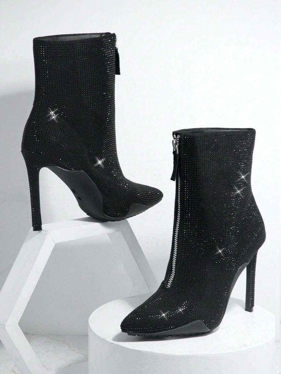 SHUZIA 水鑽裝飾正面拉鍊經典靴子 - 黑色 - 查看 1