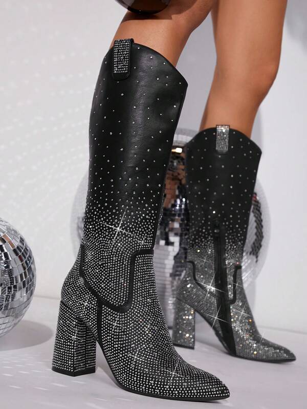 SHUZIA Rhinestone Decor Side Zipper Chunky Boots Mother's Day Present