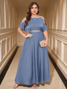 SHEIN Clasi Đầm thời trang thanh lịch đính đá Rhinestone cỡ lớn khoét sâu - Màu xanh bụi bặm - Xem 6