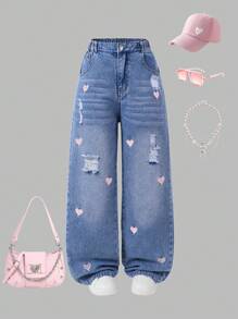 SHEIN ChillGRL 少女爱心刺绣休闲阔腿水洗牛仔裤，适合春、夏、秋、冬四季穿着，街头风，日常穿着，上学，聚会，居家，购物，度假，返校季，节日季。牛仔女孩爱心牛仔裤，带爱心图案的牛仔裤，少女牛仔裤，秋季粉色棉质 - 藍色 - 查看 2