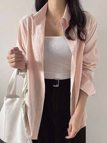 DAZY 女士条纹单排扣休闲商务休闲长袖衬衫 - 淺粉色 - 查看 5