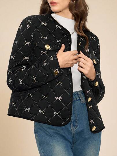 Amorya Chaqueta corta de algodón elegante y casual con cuello redondo, manga larga, bordado de lazo y acolchado a cuadros, para otoño/invierno