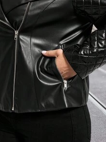 SHEIN Clasi Plus Size Women's Elegant Black Jacket With Metal Zipper And Button Decoration, Suitable For Autumn And Winter Black Jacket - Black - View 7
