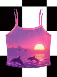 Shutterstock Y2Kool 女士 Digital City Baddie Y2K 海豚和未来城市日落印花吊带背心，夏季 - 彩色 - 查看 1