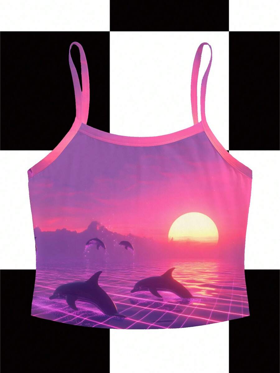 Shutterstock Y2Kool 女士 Digital City Baddie Y2K 海豚和未来城市日落印花吊带背心，夏季 - 彩色 - 查看 1