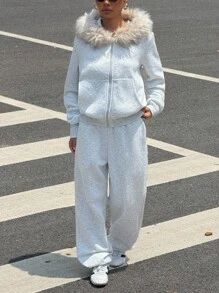 SHEIN EZwear 2 Pieces Women's Autumn Winter Casual Plush Thickened Fur Collar Hoodie And Sweatpants Set Halloween Costumes Women Christmas Costumes Gothic Women's Clothing,Fall - Grey - View 5