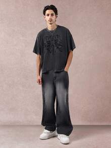 SUMWON 超大号压花哥特十字图案 T 恤另类风格深色垃圾摇滚街头服饰都市时尚复古水洗棉秋冬休闲 - 黑色 - 查看 4