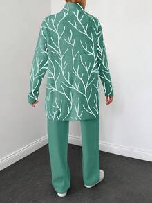 SHEIN Cottnline Women'S Branch Printed Mock Neck Sweater And Solid Colored Pants Two Piece Set - Green - View 2
