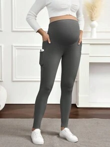 SHEIN 女士高弹力针织裹腹休闲时尚侧口袋孕妇紧身裤 - 灰色 - 查看 1