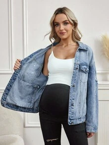 SHEIN Maternity Blue Cold Shoulder Fashionable Versatile Front Button Denim Jacket - Light Wash - View 8