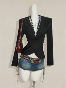 SHEIN ICON Women's Black Deep Draped Neck Criss-Cross Ruffle Trim Long Sleeve Sexy Slim Fit Blouse, Spring/Summer - Black - View 4