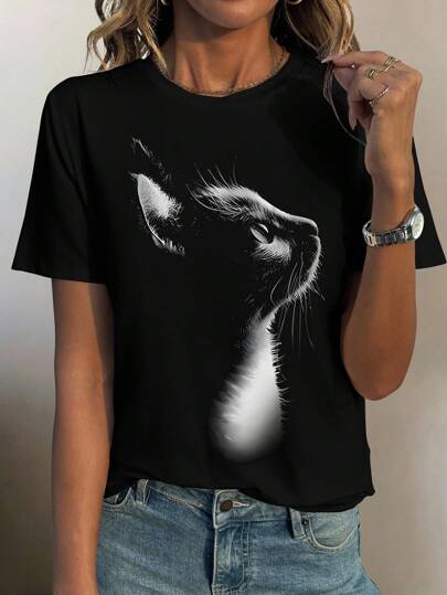 Camiseta de manga corta y cuello redondo informal con estampado gráfico de gato lindo para mujeres