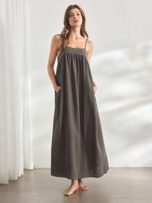 Ocili Váy ngủ sọc vải lanh tự nhiên thoải mái, đồ mặc ở nhà cho nữ - Cà phê nâu - Xem 7