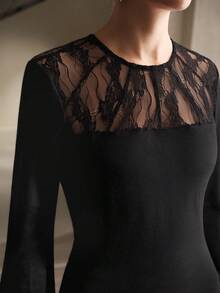 ZEYLAH Women's Round Neck Contrast Lace Flare Sleeve Elegant Blouse - Black - View 2