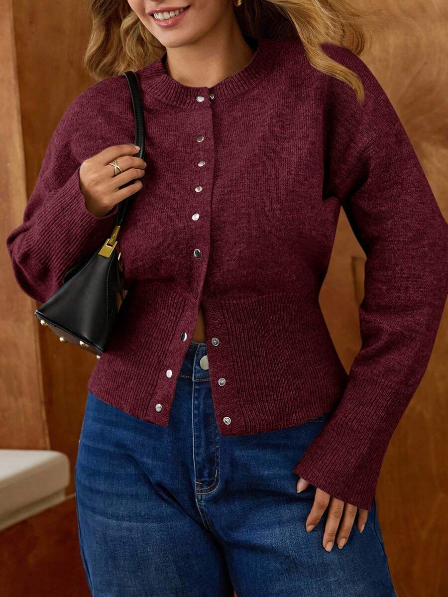 Elaquor Áo len cardigan dệt kim tay dài trễ vai màu trơn cỡ lớn dành cho nữ, mùa thu - Màu Đỏ Sâu - Xem 1