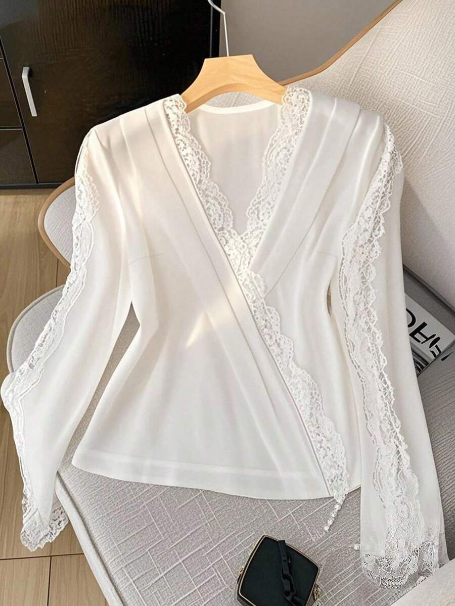 女士玫瑰花边裹身长袖衬衫，休闲夏装 - 白色 - 查看 1