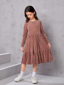 SHEIN Serisse Kids 青少年女孩宽松复古天鹅绒条纹圆领多层长袖连衣裙 - 淺粉色 - 查看 6