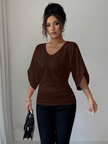 Elenzga Women's Casual Batwing Sleeve V-Neck Solid Color Fitted Short Sleeve T-Shirt - Coffee Brown - View 5