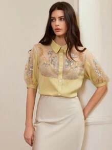 GENKIRA Áo cánh tay ngắn cổ bẻ đính hạt sequin thêu họa tiết trong suốt - Màu xanh Ô liu - Xem 1