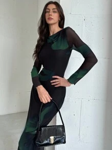 Aloruh Elegante vestido de cóctel con cuello de barco, manga larga, estampado de teñido anudado y malla, apto para otoño/invierno