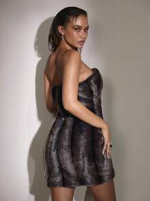 MUSERA Faux Fur Fitted Strapless Bandeau Mini Dress Cute Country Western Night Out Sexy Birthday Festival Rave Sync Winter Summer - Coffee Brown - View 2
