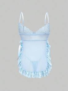 ROMWE Kawaii Lace Romantic Floral Trim Mesh Underwire Sexy Dress & G-String Lingerie Set - Baby Blue - View 2