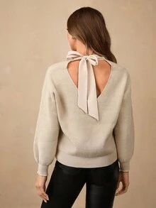 Wildy 系带后落肩背带毛衣，新年女装，长袖上衣 - 杏色 - 查看 2