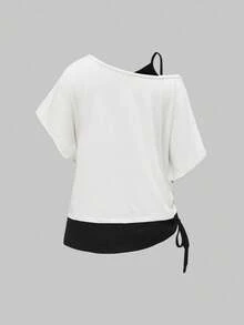 ROMWE Grunge Punk Asymmetric Shoulder Loose Colorblock Black & White T-Shirt - White - View 2