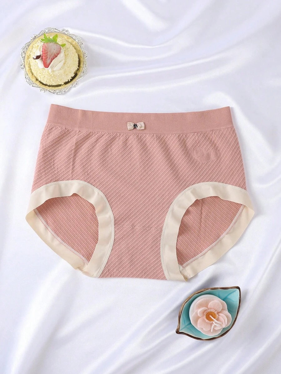 SHEIN 1pc Seamless Women's Contrast Color Bow Decor Thong Panty - Dusty Pink - View 1