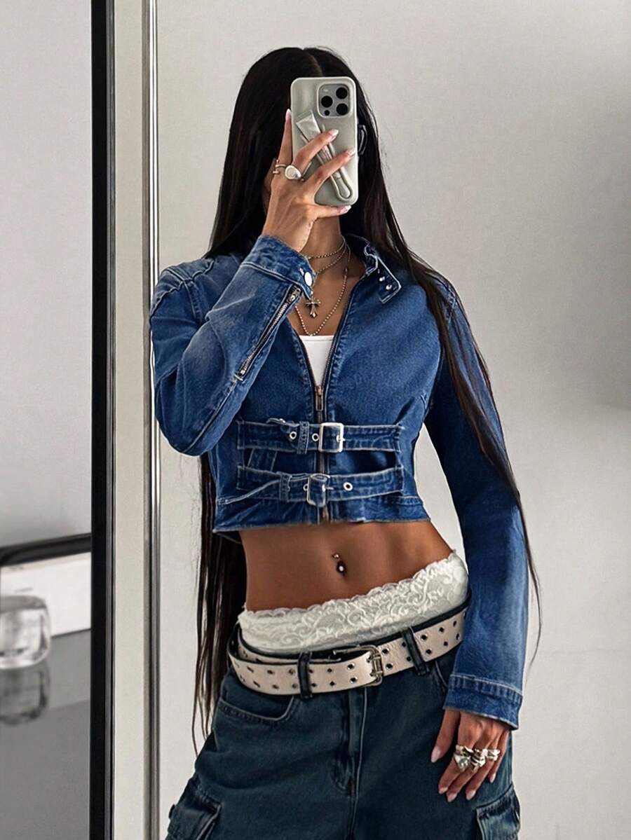 StreetHx Áo khoác denim phong cách Retro Biker Chic có cổ đứng cài nút - Rửa trung bình - Xem 1