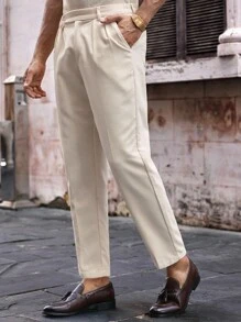 Manfinity VCAY Calça de Terno Casual Masculina de Veludo Canelado, Cintura Média, Ajuste Afunilado, Old Money - Branco - Visão 4