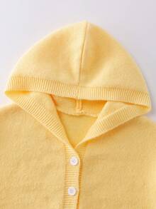 SHEIN 少女时尚休闲纯色短款连帽针织开衫毛衣，秋冬季连帽开衫毛衣纽扣毛衣黄色针织开衫浅黄色连帽衫黄色连帽开衫开衫毛衣浅黄色毛衣秋冬季连帽卫衣浅黄色针织连帽纽扣毛衣 - 黃色 - 查看 3