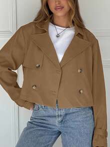 SHEIN EZwear 秋冬女士休闲宽松驼色梭织长袖纽扣夹克 - 駝色 - 查看 5