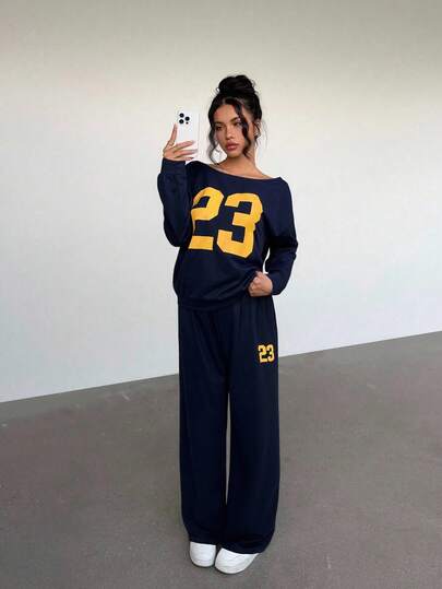 Aloruh 2件套女士休闲数字印花落肩长袖运动衫和裤子套装