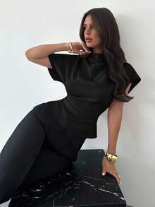 Firerie Crinkle Collar Asymmetrical Sleeve Side Ruched Cinched Waist Commuter Apricot Bamboo Fiber Fabric Women Shirt, All Season - Black - View 5