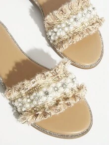 SHUZIA Women Fashionable Rhinestone & Pearl Decor Flat Sandals - Beige - View 4