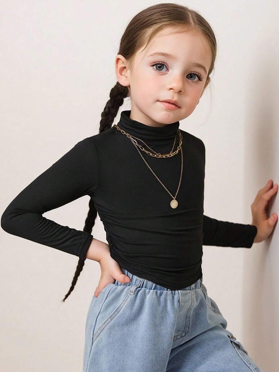 SHEIN Babygirl 可爱休闲百搭黑色高领长袖针织上衣 - 黑色 - 查看 1